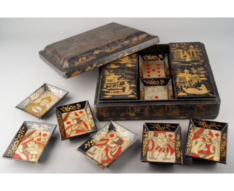 A mid 19th Century Chinese Export lacquered Pope Joan games box, the detached cover decorated with river landscape, Pagodas, 