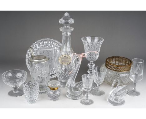 Three boxes and loose cut and moulded glassware, mostly stemware, includes some sets, five decanters and stoppers, one broken