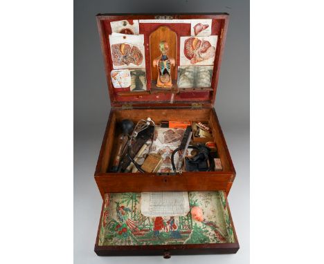 A vintage mahogany box fashioned as a Medical/Doctor's Box, the interior with Human torso anatomy model, various lithographs 