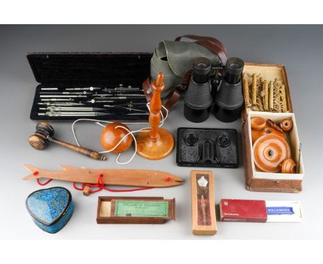 A Collector's lot to incude Treen 19th Century large yew wood Yo-Yo, stands, brass Anointing spoon, vintage binoculars, cased
