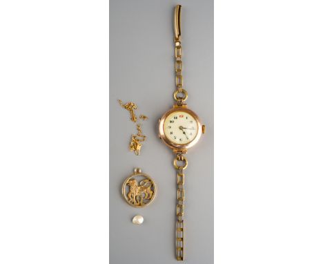 9ct ladies watch, 9ct medallion, pin and broken chain, approx gross weight 21.1 grams (1 bag)