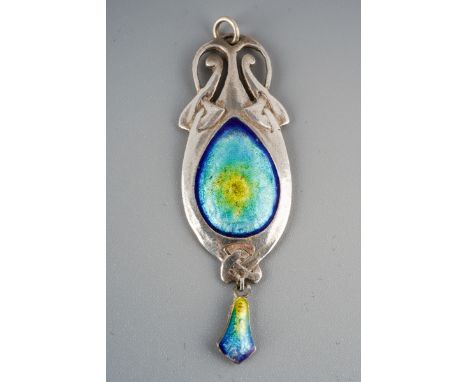 Murrle Bennett silver and blue enamel pendant, marked 960, circa 1902, approx. 5.2 cm long