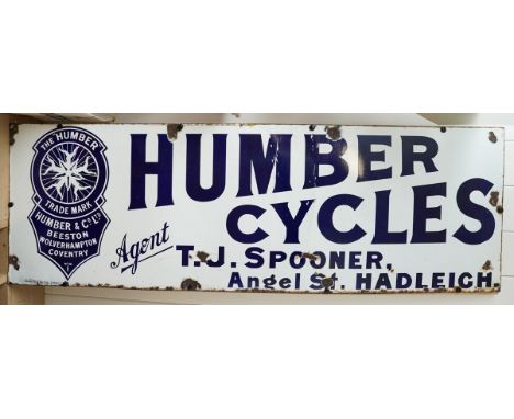 An enamel advertising sign for HUMBER CYCLES Agent T.J Spooner Angel St HADLEIGH, with Trademark to left section, produced by