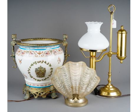 A reproduction porcelain and brass mounted jardiniere in the late 19th century taste, height 35cm, together with a reproducti
