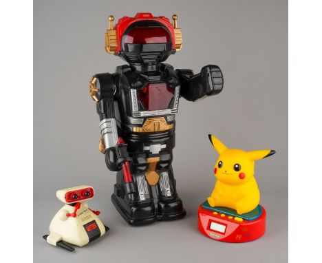 A vintage late 1990s Nintendo Pokemon Pikachu digital alarm clock, unboxed; a Tomy Dingbot My Robot OMS-B unboxed and a Retro
