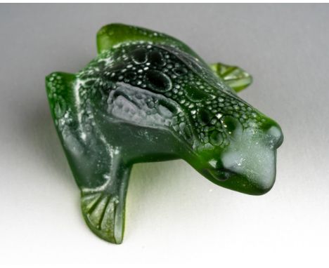 A Lalique green glass frog paperweight naturalistically modelled, etched to base 'Lalique France', 6cm wide