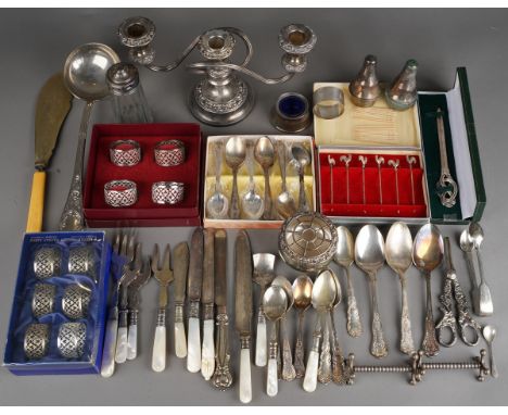 A box of silver and silver plate, the silver comprising a boxed Mexican letter opener with carpet beater style finial, bears 
