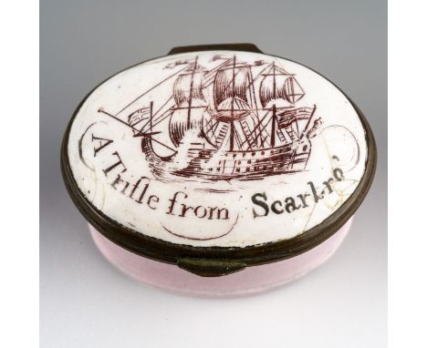 An early 19th Century Staffordshire enamel oval patch box, pale grey body, the cover transfer printed with a ship and letteri