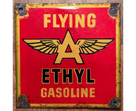 An enamel adverting sign for FLYING A ETHYL GASOLINE., approx 25.5 x 25.5cmNote: Associated Oil Company later known as Tydol 