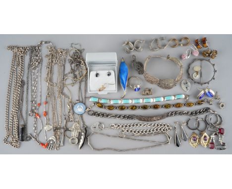 Collection of silver jewellery to include David Anderson enamel brooch, pair of silver and blue john earrings, bracelets, nec