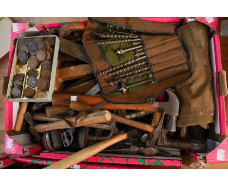 A collection of vintage wooden tools including files, hammers, steel drill components etc (1 box)