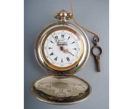 A silver cased pocket watch, full Hunter, white dial with Train motif with gilt spandrels, in 925 hallmarked case, London, da
