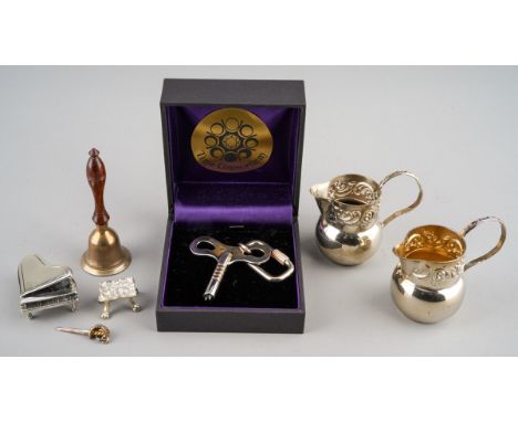 Miniature silver and white metal to include: a pair of Modern small cream jugs, floral chased band to collars, hallmarked by 