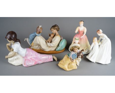 Two Lladro Gres figure groups, comprising 2262 Mother, baby and daughter, length29cm, and a girl looking in a mirror with her