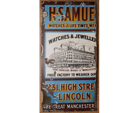A H Samuel enamel advertising sign for the 231 High Street Lincoln store., approx 56 x 28cm