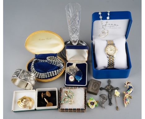 Collection of costume jewellery inc. diamante choker, plate bible vesta case, white metal cross plate and brooches, agate pen