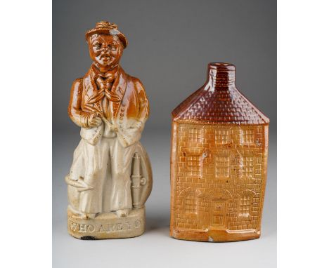 A 19th Century brown salt glazed stoneware flask modelled as a three story house (Inn), approx 18cm high together with anothe