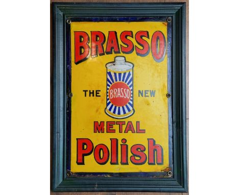An enamel advertising sign for BRASSO METAL Polish., approx 46 x 30.5cm, mounted on frame