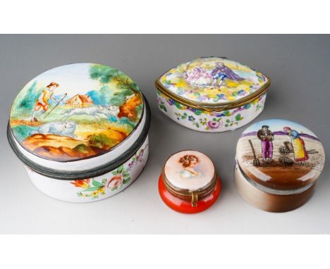 Four various Continental enamel boxes to include: 1. 18th Century style large circular box and cover painted with Shepherd an