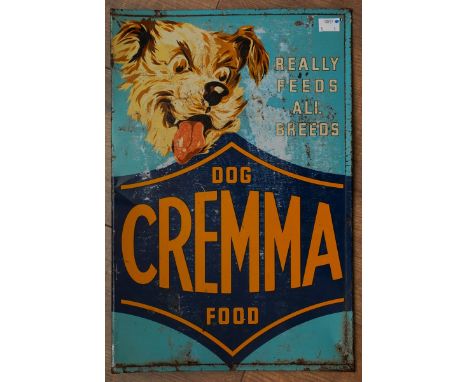 An enamel double sided advertising sign for CREMMA Dog Food with slogan "Really Feeds All Breeds"., 46 x 31cm