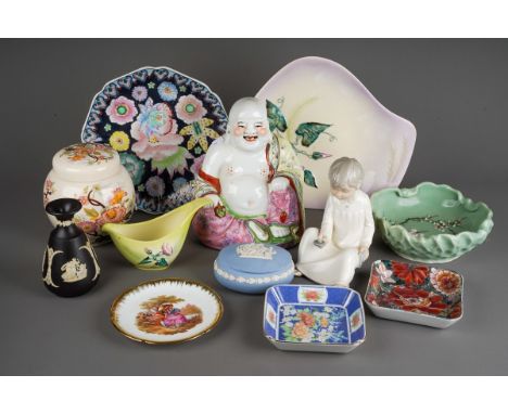 Two boxes of Carlton Ware and other ceramics, including seated Buddha, two Royal Doulton stoneware vases, a Limoges dressing 