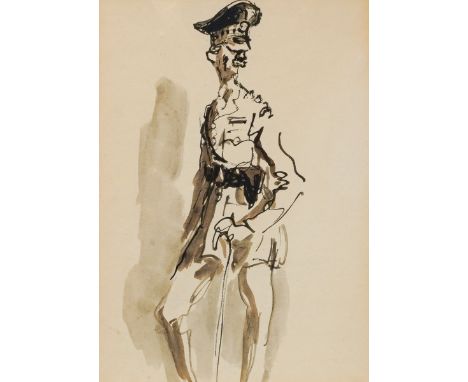Feliks Topolski (Polish, 1907-1989)Portrait of an Officerpen and ink wash, 24 x 27cm, mounted, framed and glazed