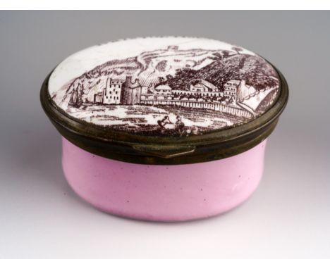 An early 19th Century Staffordshire enamel oval patch box, powder pink body, the cover transfer printed with Bristol Hot Well