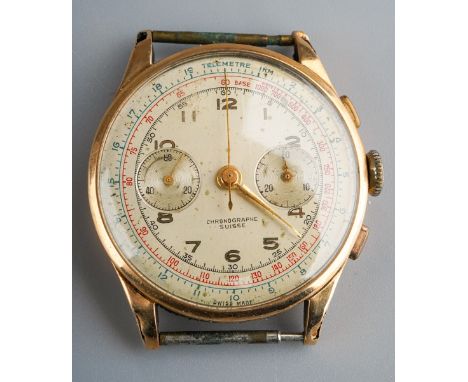 Vintage 18k Gents Swiss chronograph watch, the reverse stamped 154, the dial 3.5cm diam, strap lacking a/f