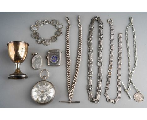A collection of silver to include: a late Victorian silver silver cased open face pocket watch, silver dial with Roman numera