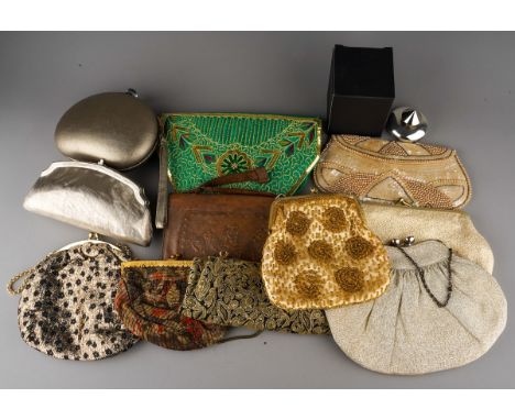 Assorted vintage beaded, gold lame etc evening purses and a  boxed EFX plated scent bottle (1 bag)
