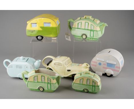 Assorted earthenware to include: a Burleigh three piece novelty green caravan teaset to include teapot, mik jug and sugar bow