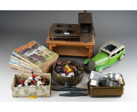 A quantity painted lead soliders, Cavalry, Ships [a/f - broken legs, heads etc]; a vintage tin plate green Sedan clockwork ca