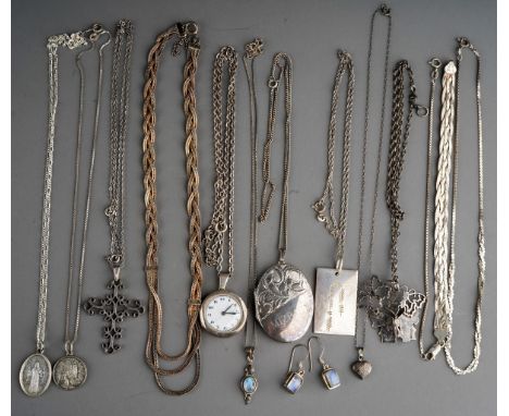 A collection of silver jewellery, to include chains, pendants, a pair of earrings, oval locket, enamel faced fob watch, s.d.,