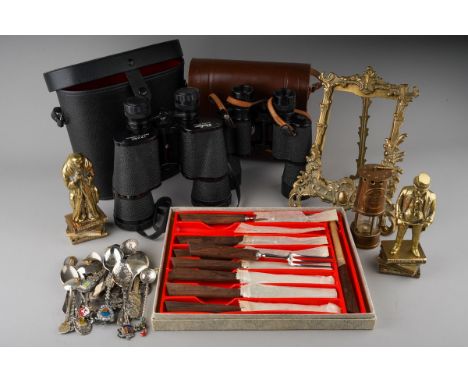 Assorted lot to include a miniature brass miner's lamp, two cased binoculars, carved wooden horses, brass Mr PickWick., brass