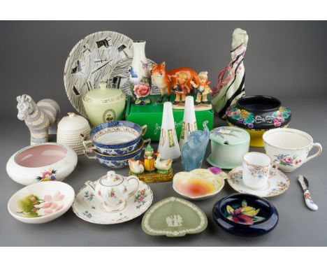 A box of assorted ceramics to include a Moorcroft inverted rim trinket bowl decorated with an orchid on a dark blue ground, i