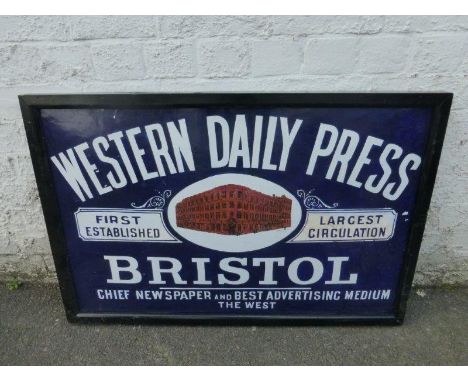 A Western Daily Press of Bristol pictorial enamel sign, set within a painted wooden frame, restored, 37 x 25".