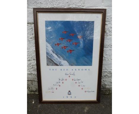 A framed and glazed Red Arrows print dated 1993 signed by all the pilots, 17 3/4 x 25 1/2".