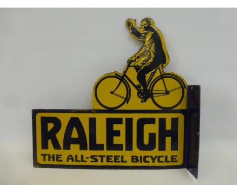 A Raleigh The All-Steel Bicycle die-cut double sided pictorial enamel sign with hanging flange, two tiny spots retouched and 