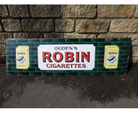 An Ogden's Robin Cigarettes rectangular part pictorial enamel sign in good condition, 60 x 18".