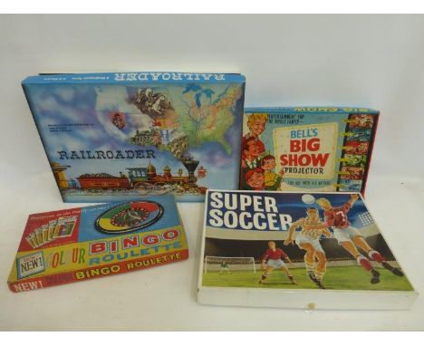 Four assorted boxed games- Bingo Roulette, Big Show Projector, Railroader and Super Soccer.