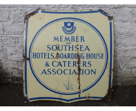 An unusual shaped enamel sign - "Member of Southsea Hotels, Boarding House & Caterers Association", 22 x 23 1/2".