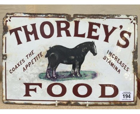 A small Thorley's Food pictorial enamel sign with central standing shire horse image, and some minor restoration, 12 x 8".