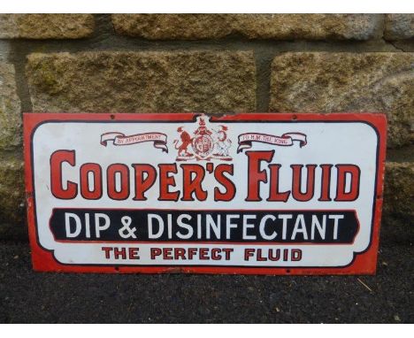 A Cooper's Fluid Dip & Disinfectant rectangular enamel sign by Patent Enamel, with central coat of arms "By Appointment to H.