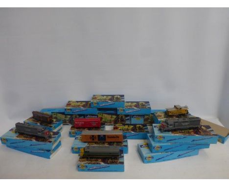 Sixteen boxed 00/HO gauge Athearn goods wagons box cars and carriages, also a South Pacific 7948 engine, a GP-40-2 Pwr South 