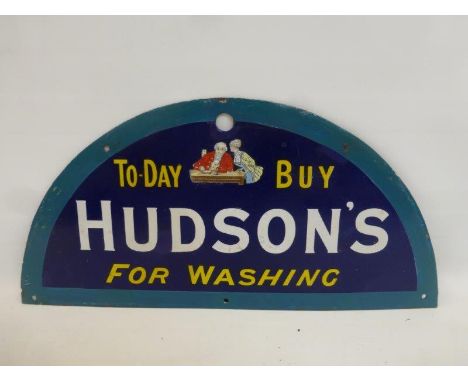 A Hudson's "for washing" part pictorial semi-circular enamel barrel top with some restoration, mainly to the turquoise border
