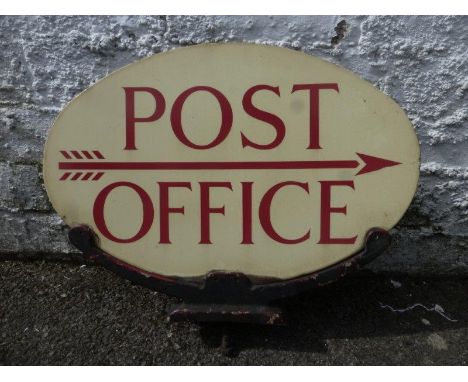 A Post Office oval double sided directional enamel pediment sign with original bracket intact, 18 x 15"