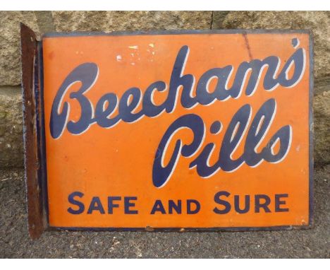A Beechams' Pills " Safe and Sure" double sided enamel sign with hanging flange, 15 x 11".