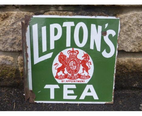A Lipton's Tea double sided enamel sign with hanging flange by Wood & Penfold, with central coat of arms, 12 x 12".