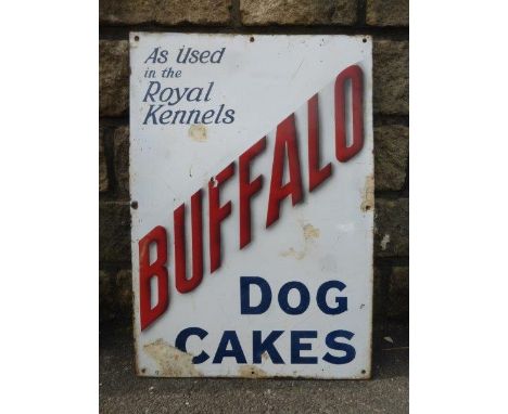 A Buffalo Dog Cakes rectangular enamel sign with unusual wording "As used in the Royal Kennels", 18 x 26".