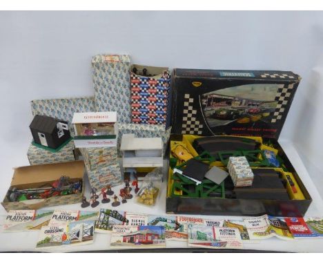A Scalextric model motor racing competition car series C.M.33 set and a box of accessories, buildings, figures etc. including